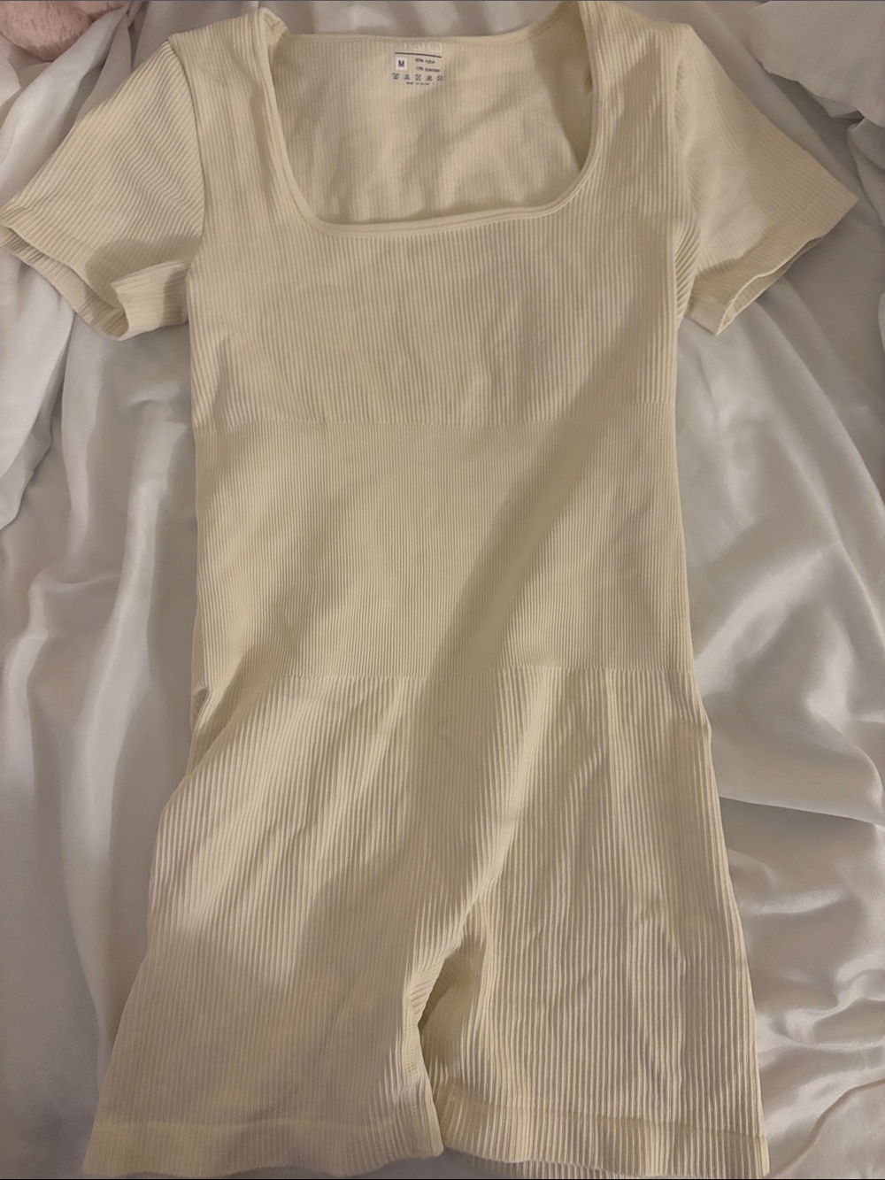 Ribbed Short Sleeve Scoop Neck Romper - Cream